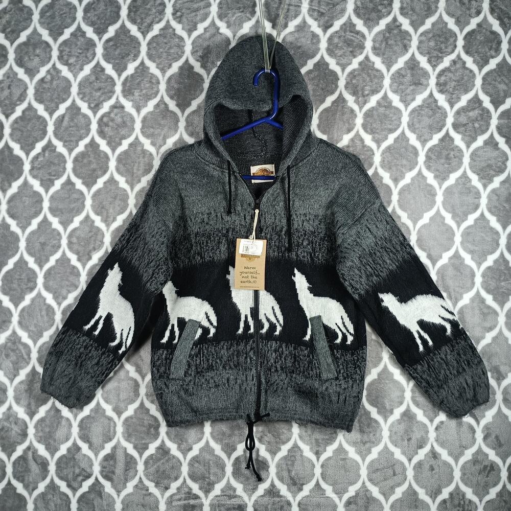 Earth Ragz Hoodie Men Medium‎ Gray Black Wolf Zip Sweater Jacket Knit Howling
